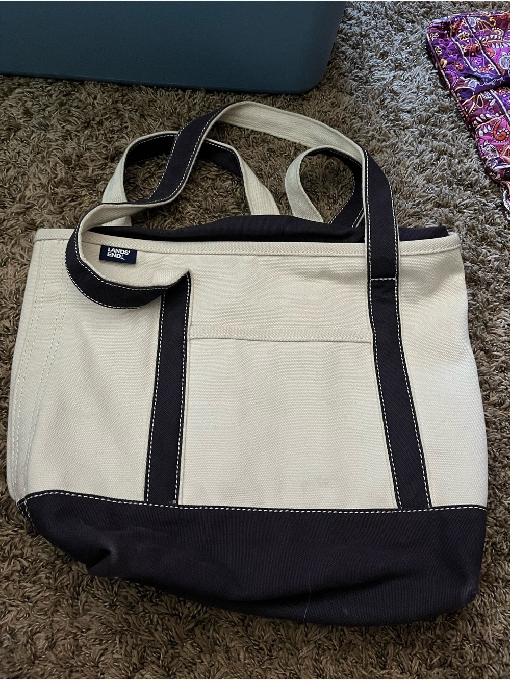 Lands' End Canvas Duffel Tote - Cream and navy Trim